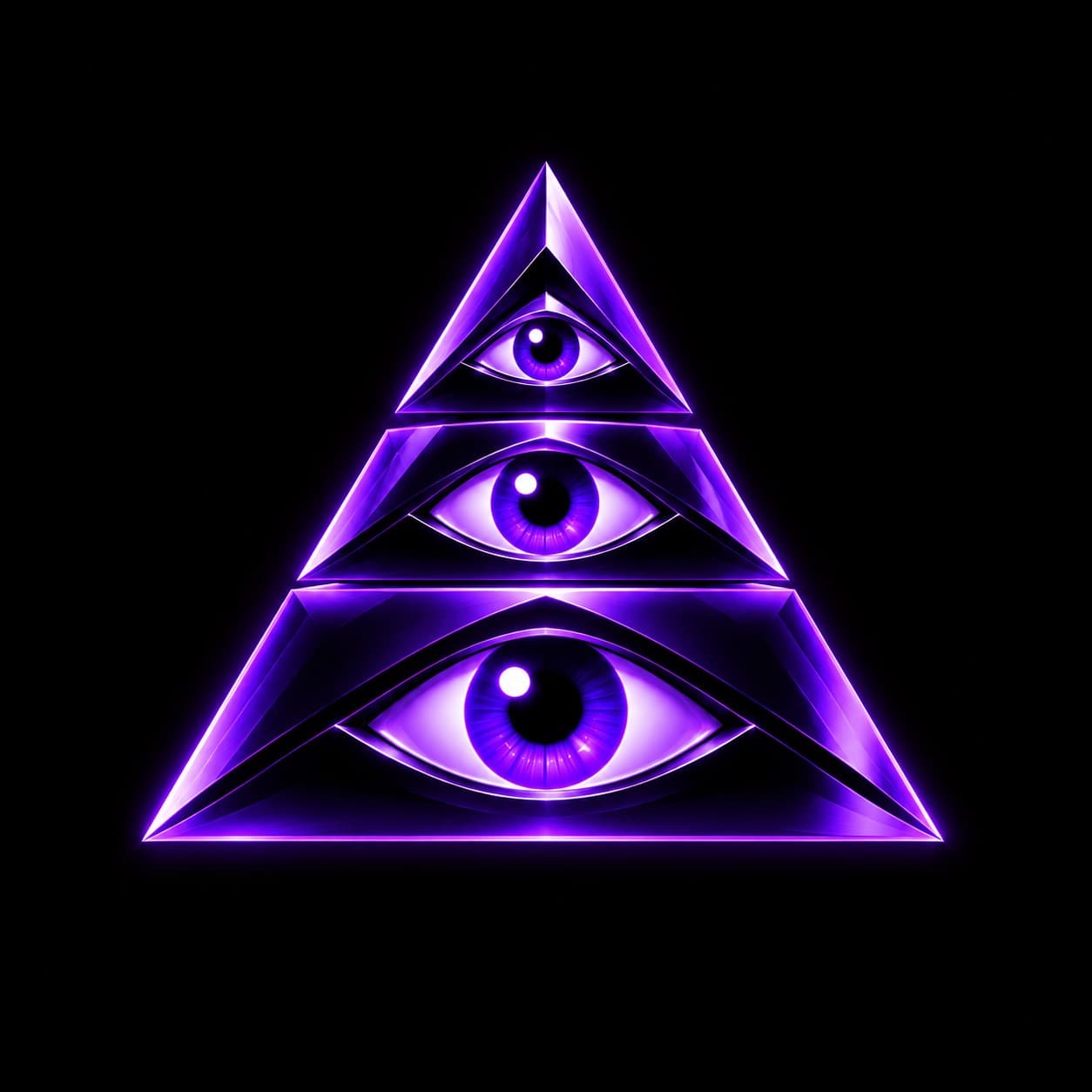Three watchful violet eyes arranged as a pyramid